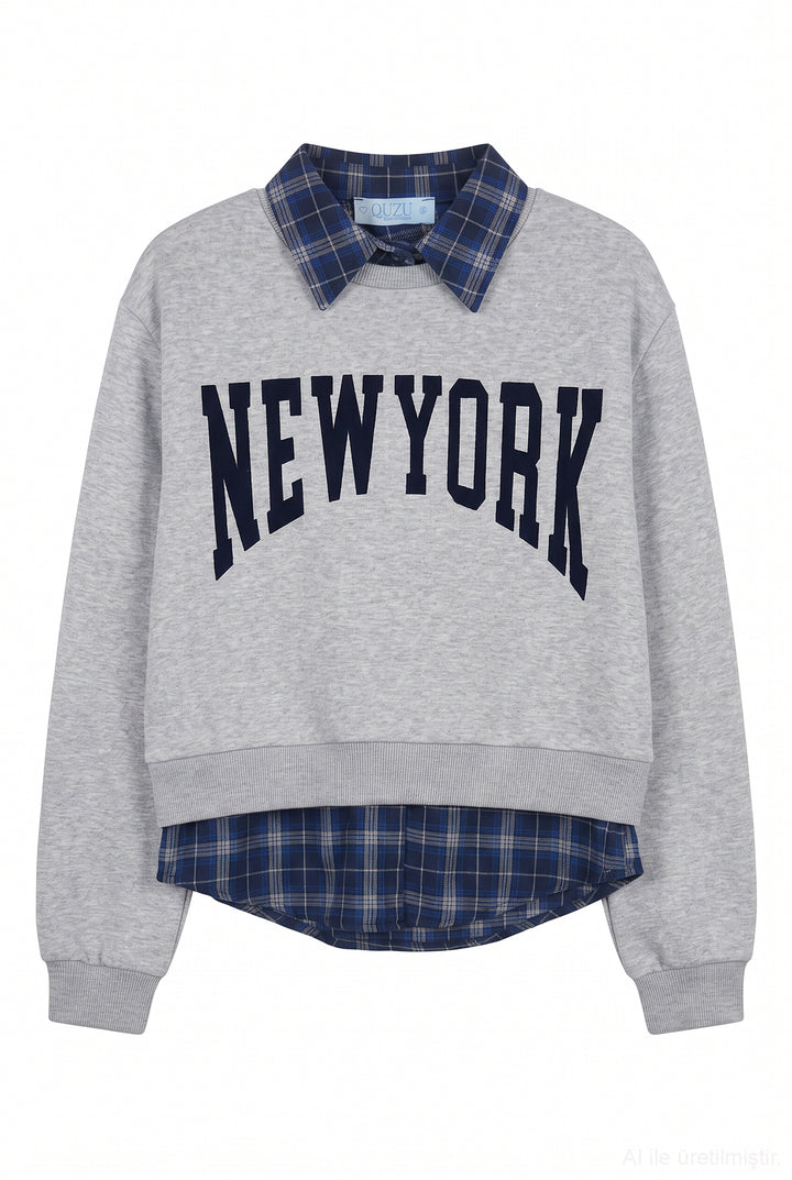 Ekose Garnili New York Yazılı Oversize Sweatshirt Grimelanj