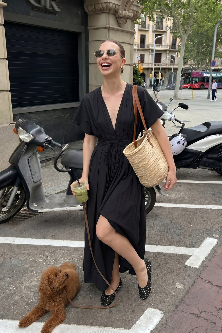 Beli Bağcıklı V Yaka Midi Elbise Siyah
