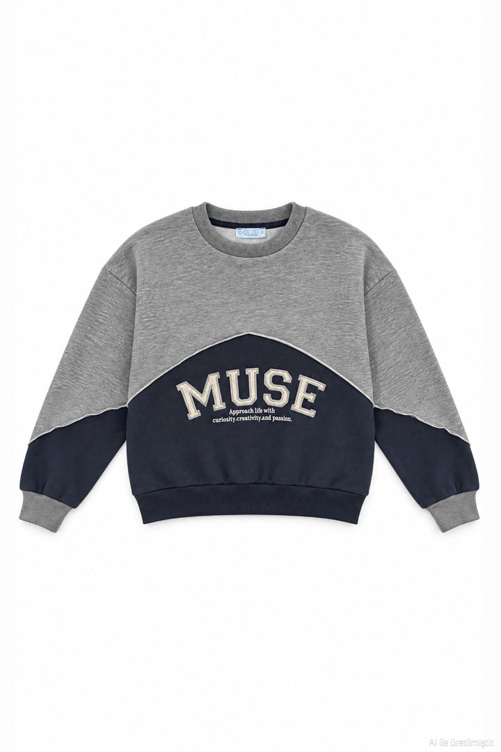 Yazı Nakışlı Renk Bloklu Sweatshirt Grimelanj