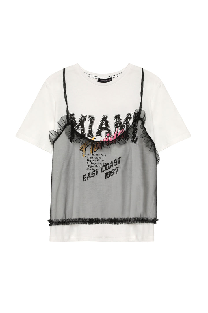 Askılı Tül Organze Baskılı Tişört Ekru