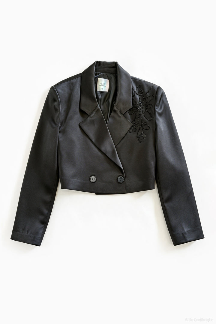 Boncuk İşlemeli Saten Crop Blazer Ceket Siyah