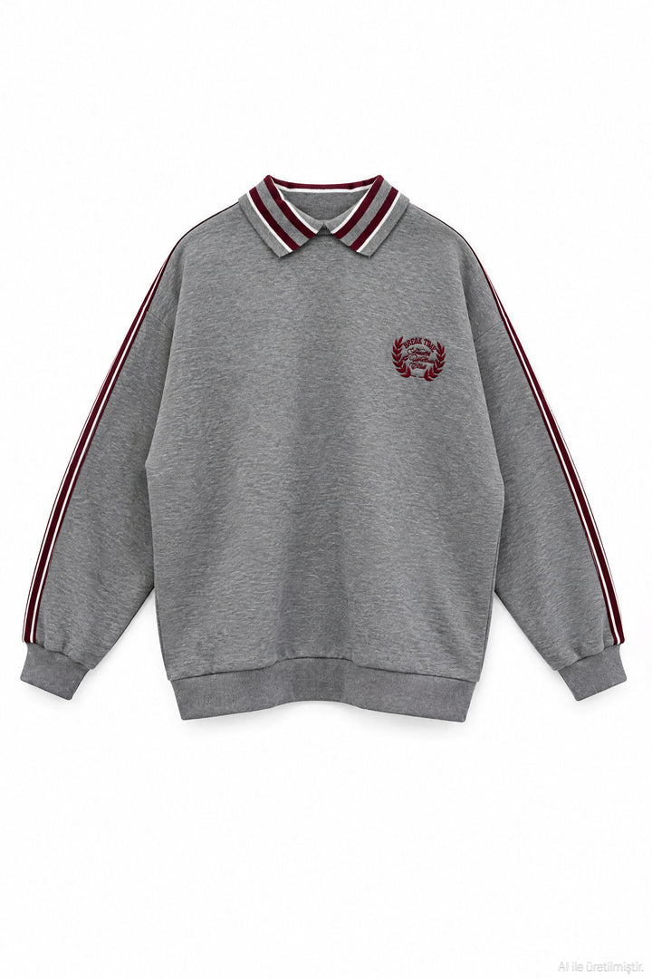 Polo Yaka Nakışlı Oversize Sweatshirt Grimelanj