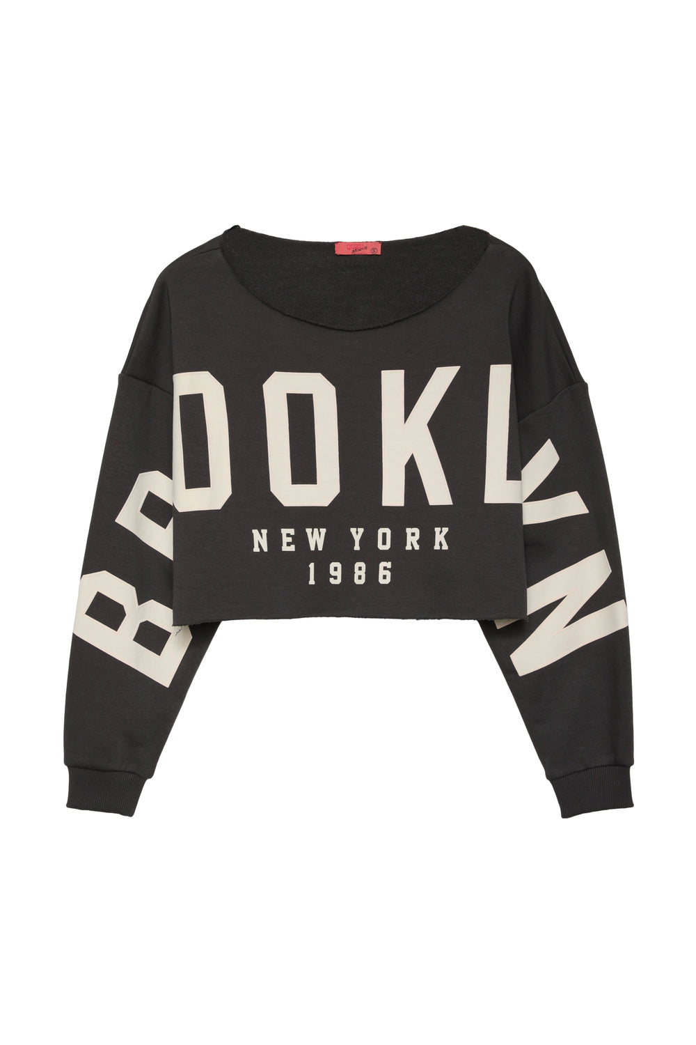 Kesik Detaylı Baskılı Crop Sweatshirt Koyu Gri