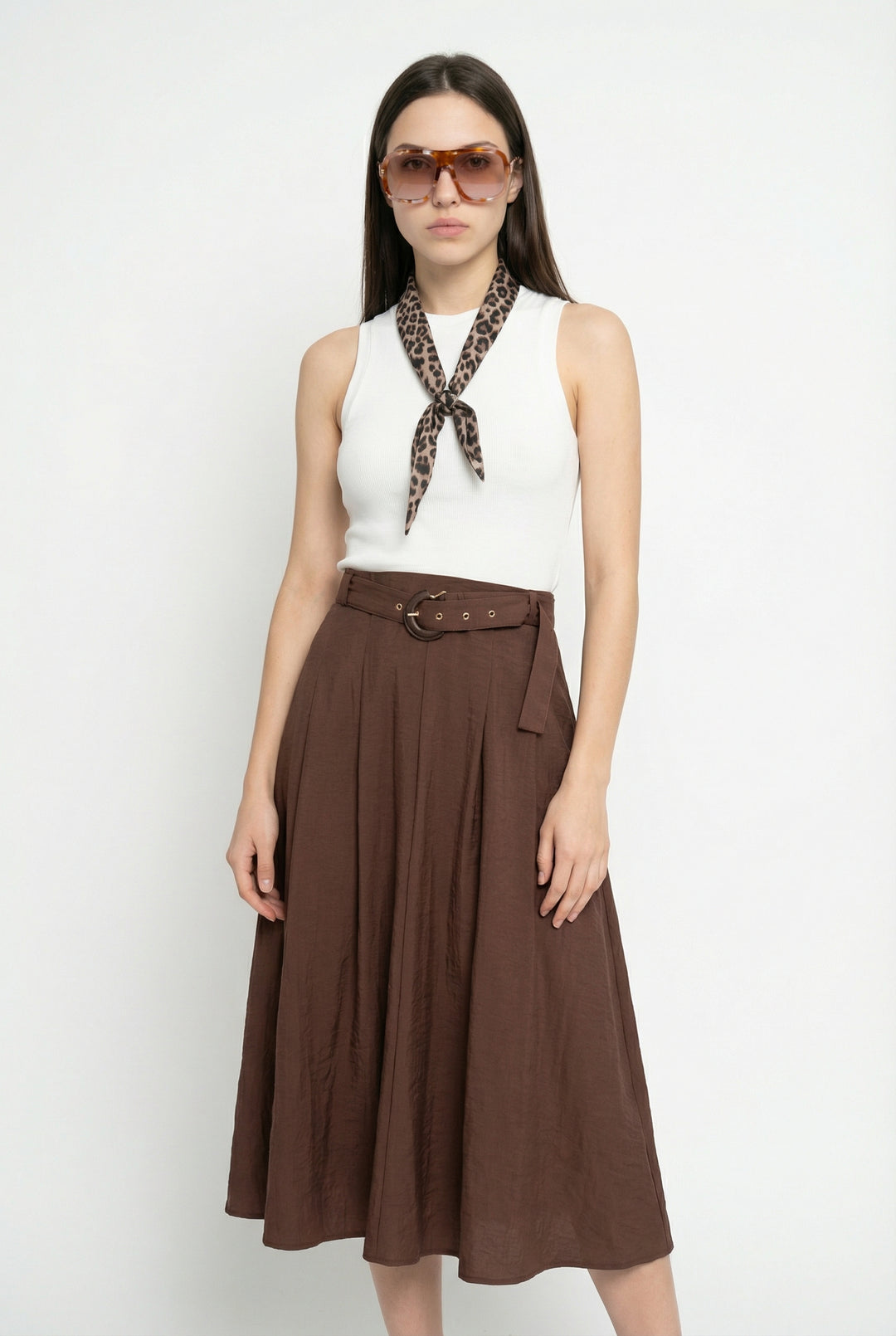 Leopar Fularlı Kombine Midi Elbise Kahverengi