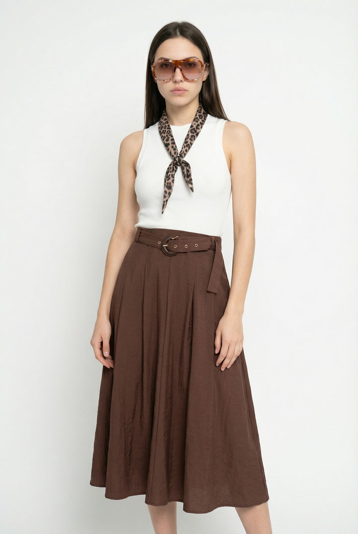 Leopar Fularlı Kombine Midi Elbise Kahverengi