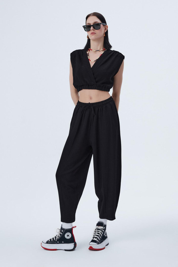 Pleated Off-the-Shoulder Crop Blouse Black