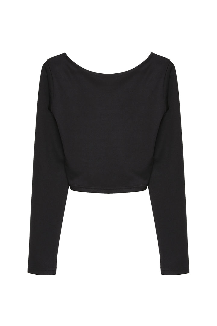 Sırt Dekolteli Uzun Kollu Crop Bluz Siyah