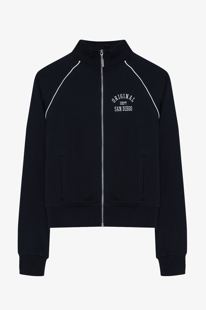 Sırtı Yazı Baskılı Dik Yaka Fermuarlı Sweatshirt Lacivert