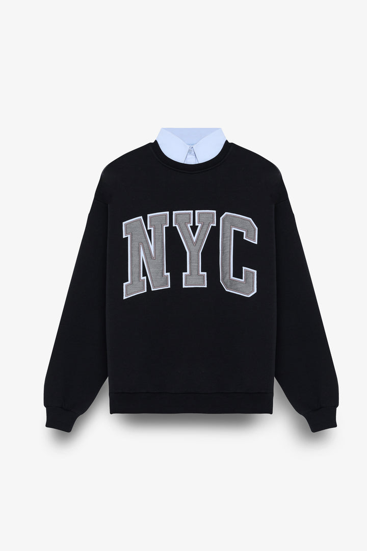 Gömlek Yakalı Nakış Detaylı Oversize Sweatshirt Lacivert