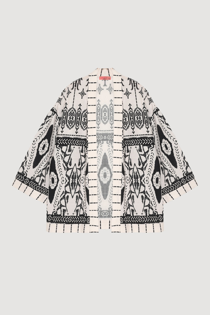 Bohem Desenli Şal Yaka Kısa Kimono Ekru