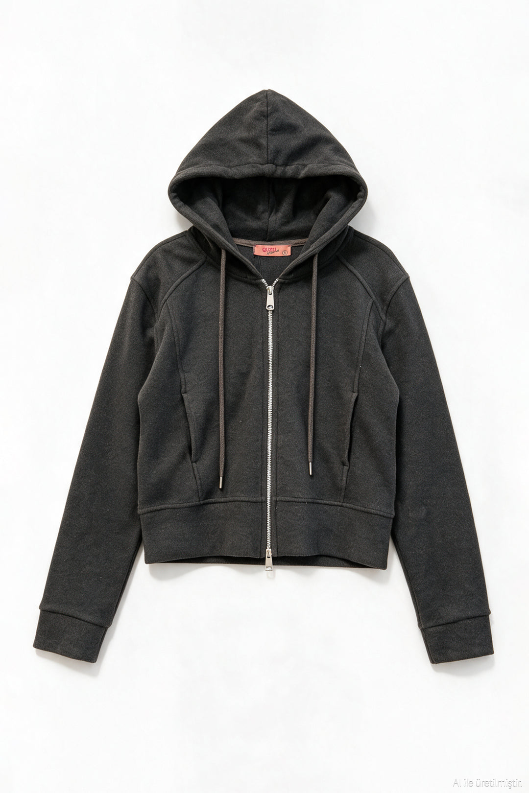 Kapüşonlu Fermuarlı Kısa Sweatshirt Kahverengi