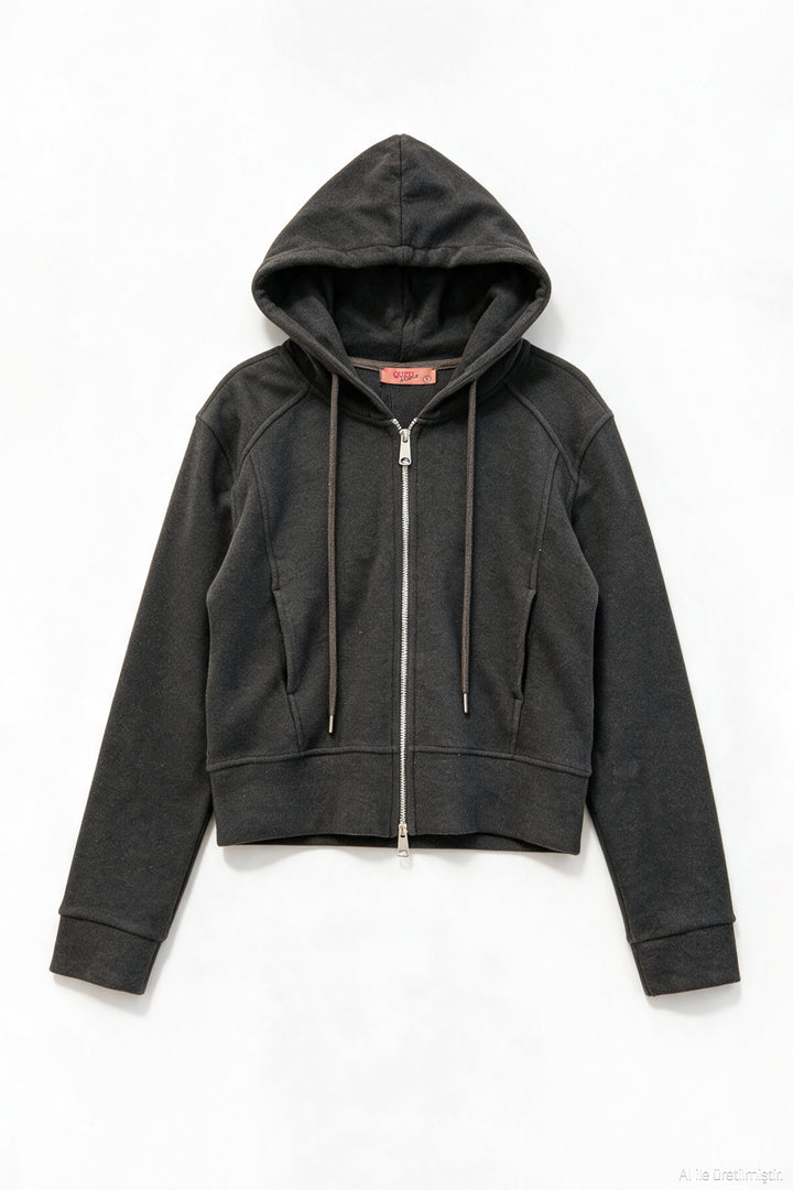 Kapüşonlu Fermuarlı Kısa Sweatshirt Kahverengi