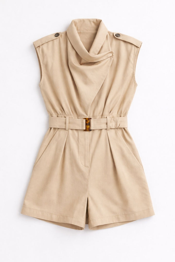 Asimetrik Yaka Kemerli Şort Tulum Bej