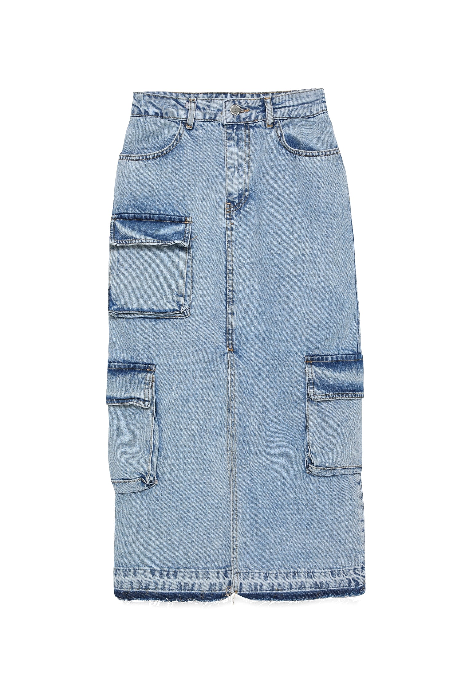 Cargo Pocket Detailed Slit Midi Denim Skirt Blue