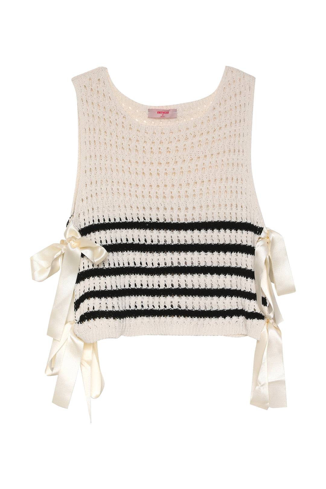 Yanları Bağlama Detaylı Çizgili Triko Krem