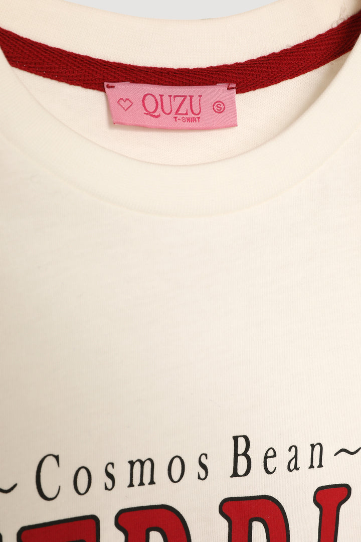 Kiraz Baskılı Oversize Tişört Ekru