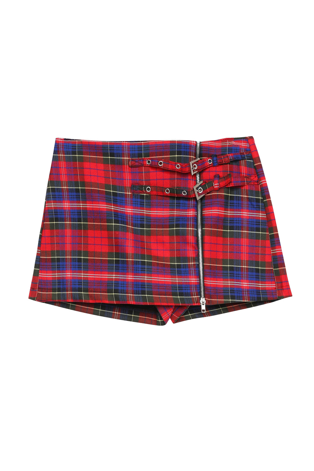 Zipper Detailed Checked Mini Shorts Skirt Red