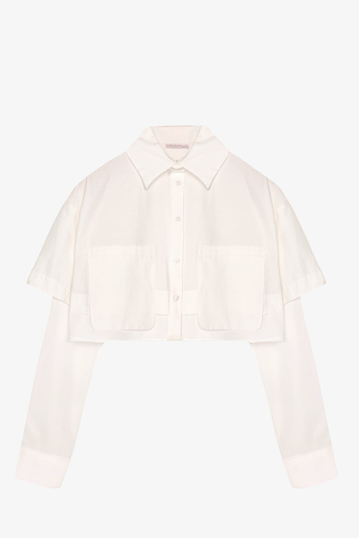 Çift Kat Görünümlü Crop Gömlek Ekru