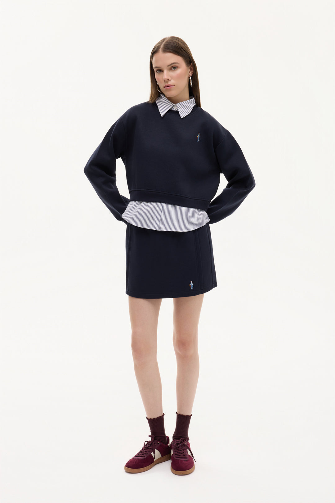 Gömlek Garnili Nakışlı Sweatshirt Lacivert