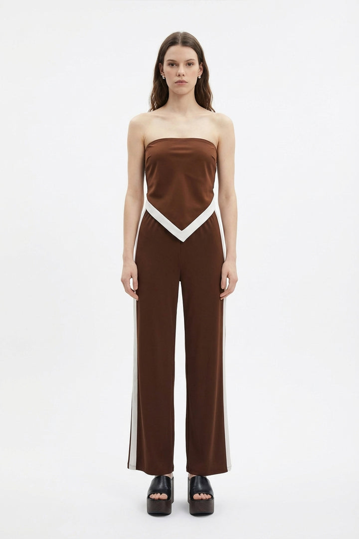 Kontrast Yan Şeritli Bol Paça Pantolon Kahverengi