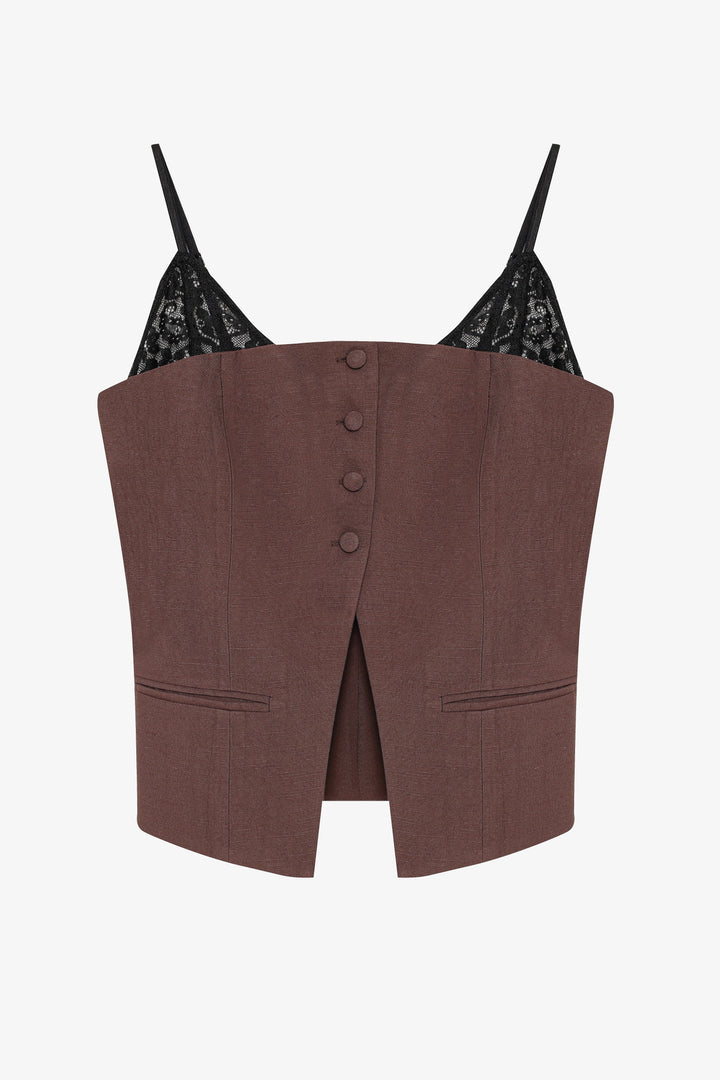 Dantel Askı Garnili Bustiyer Bluz Kahverengi