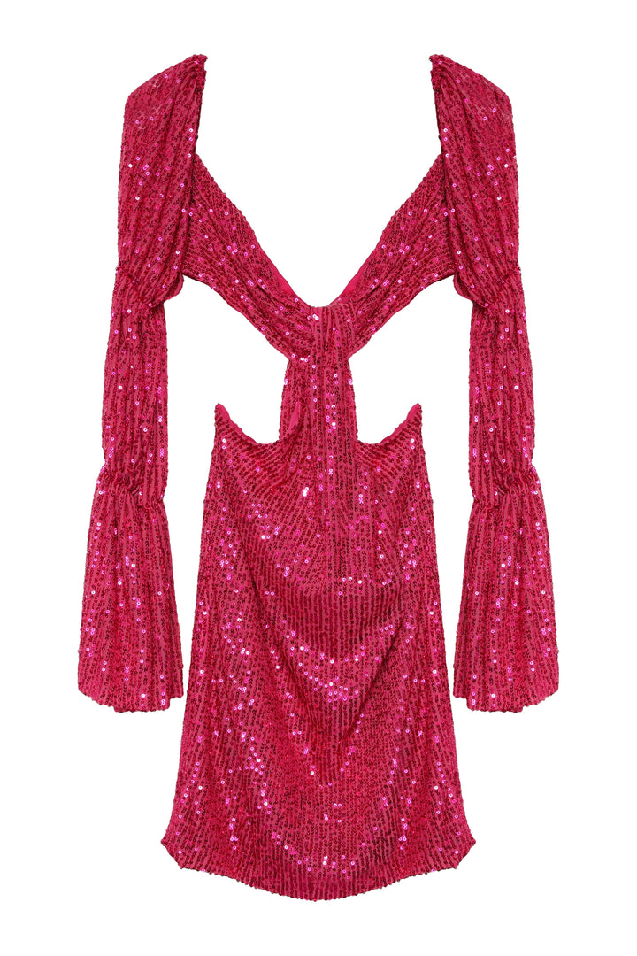 Cut Out Detaylı Payetli Mini Elbise Fuşya