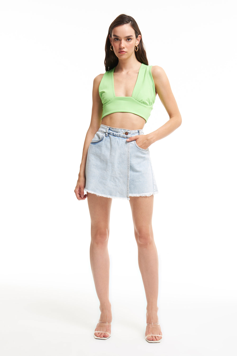 Cross-Cover Crop Blouse Neon Green