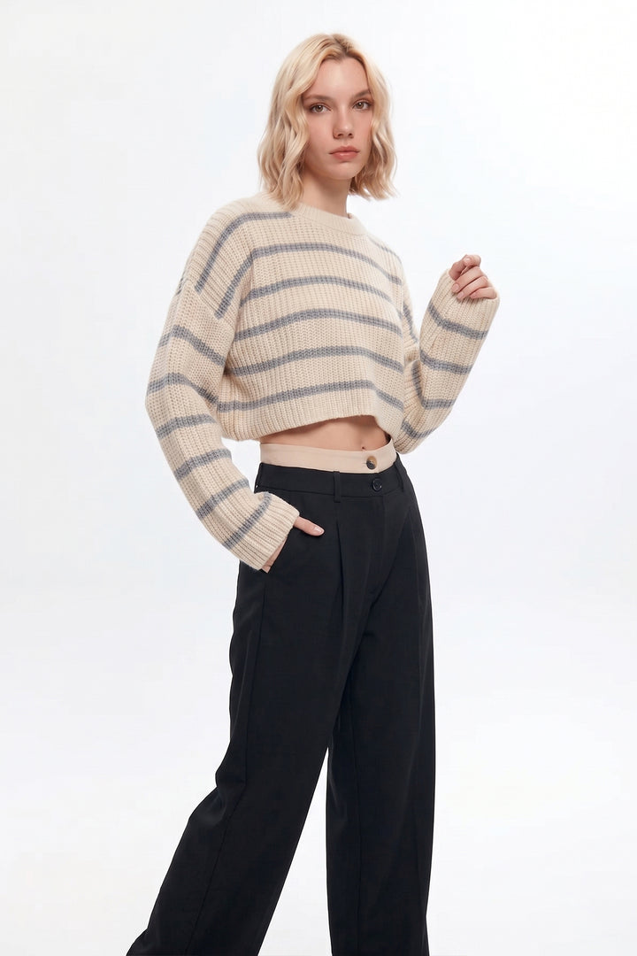 Çizgi Detaylı Crop Triko Kazak Krem-Gri