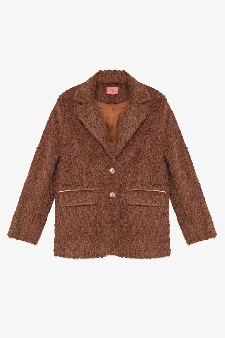 Tüylü Dokulu Oversize Blazer Ceket Kahverengi
