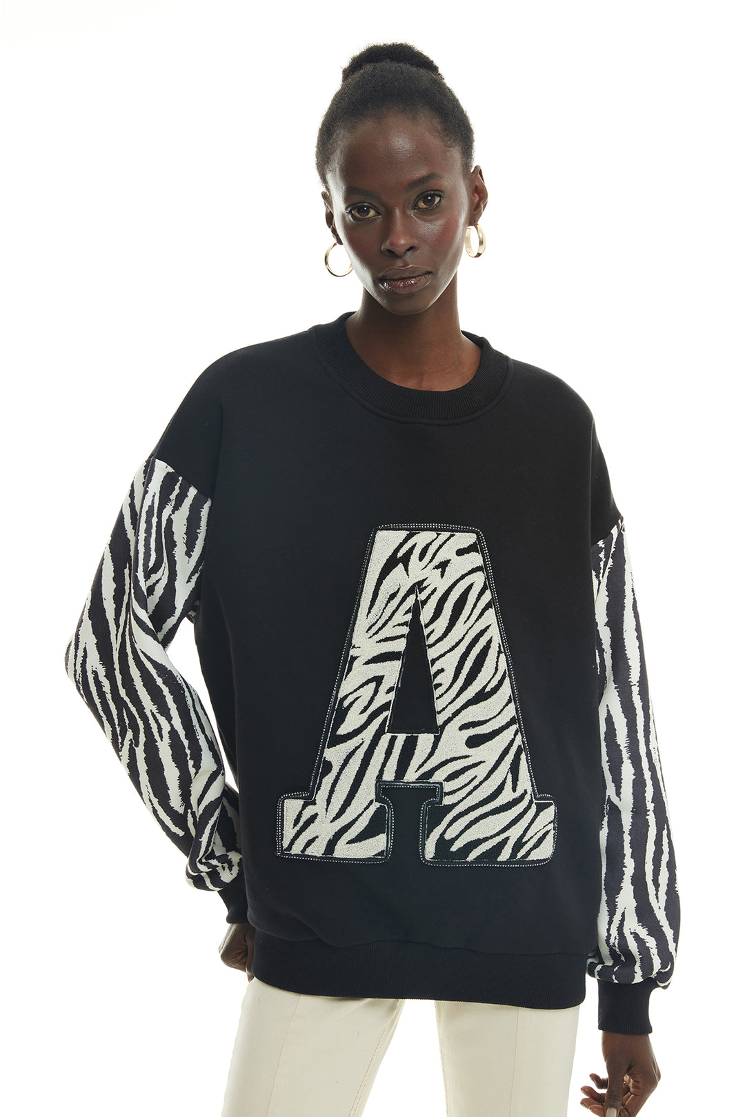 Kolları Zebra Baskılı Sweatshirt Siyah