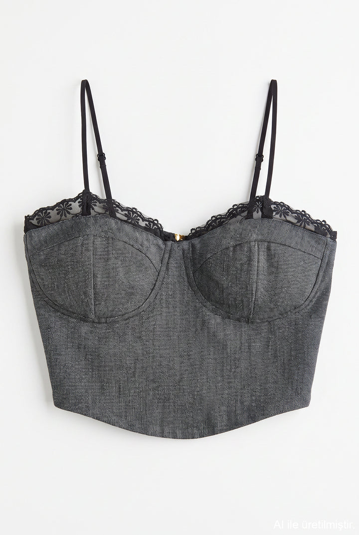 Dantelli Askılı Korse Crop Bluz Antrasit