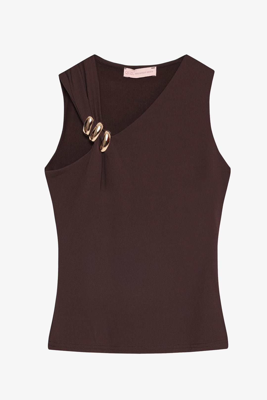 Asimetrik Yaka Metal Aksesuarlı Bluz Kahverengi