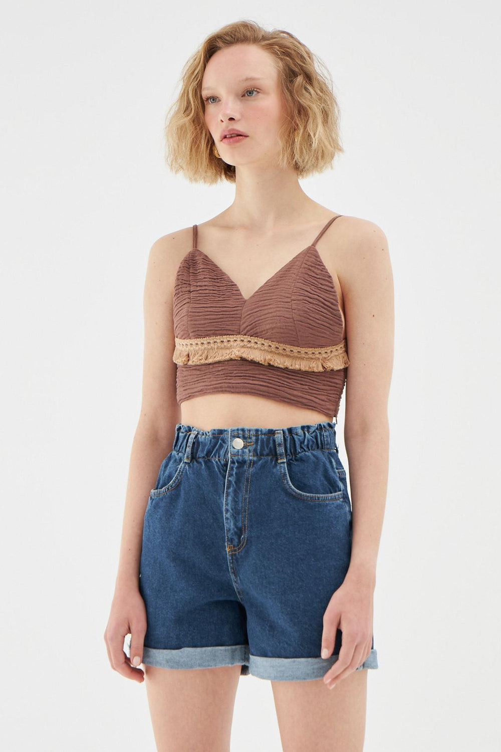 Ruffled Strap Crop Blouse Brown