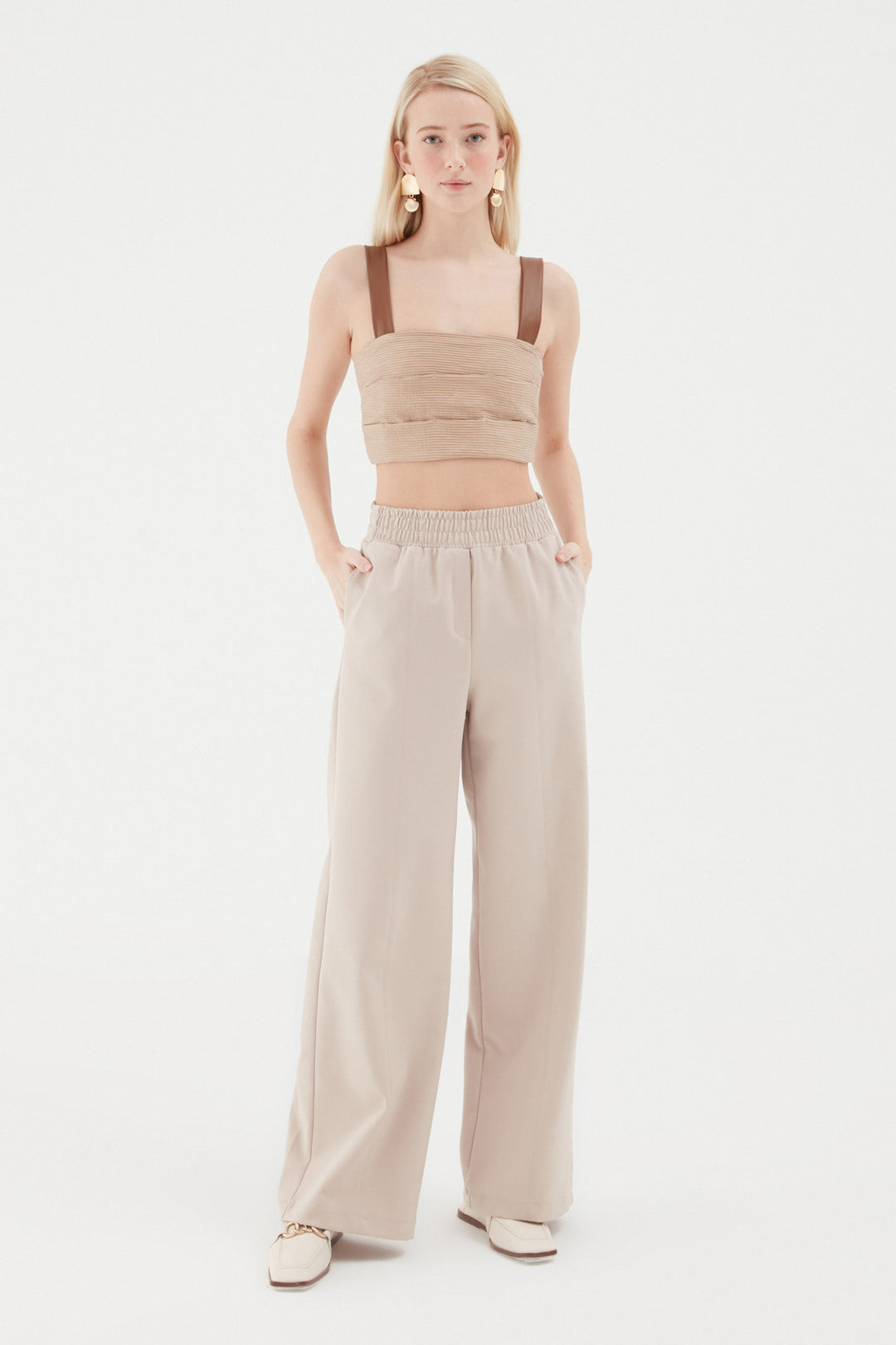Elastic Waist Wide Leg Trousers Stone