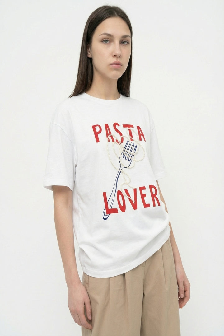 Pasta Lover Baskılı Oversize Tişört Beyaz