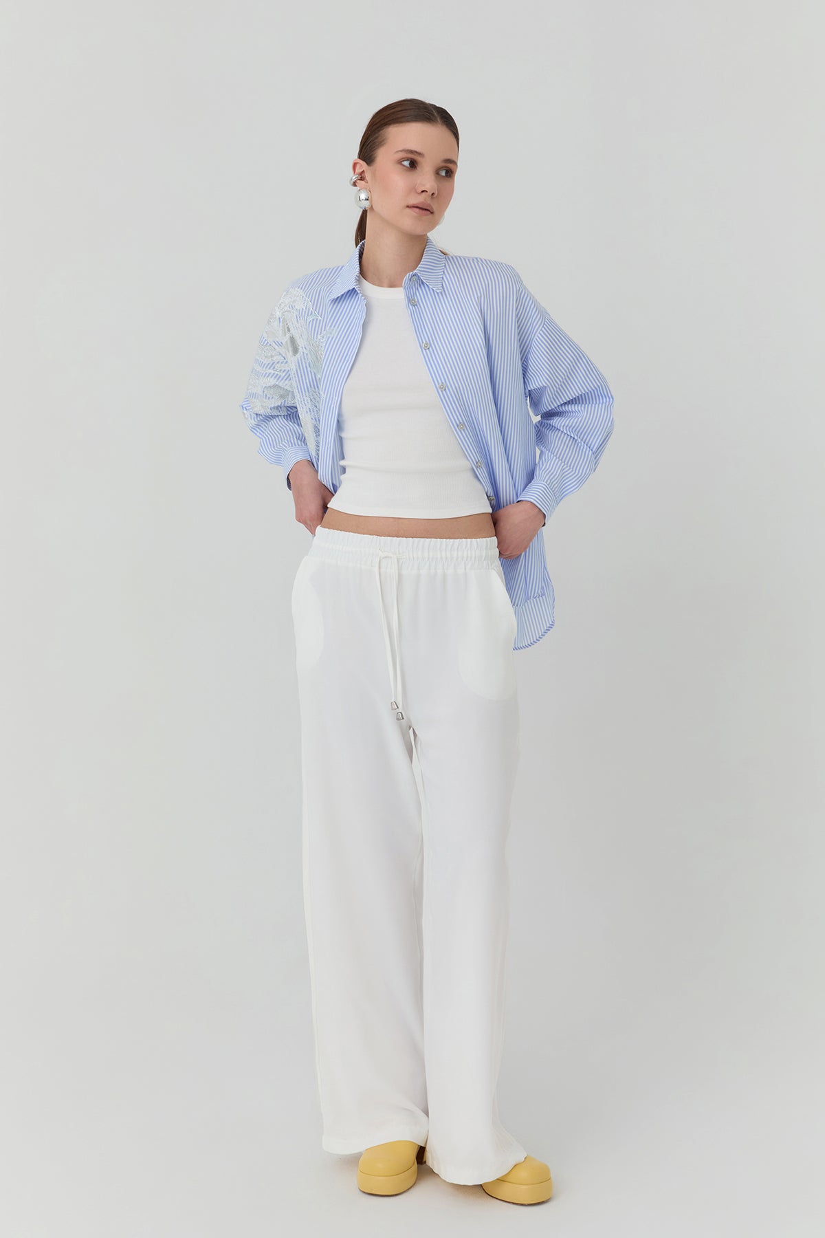 Elastic Waist Wide Leg Trousers White