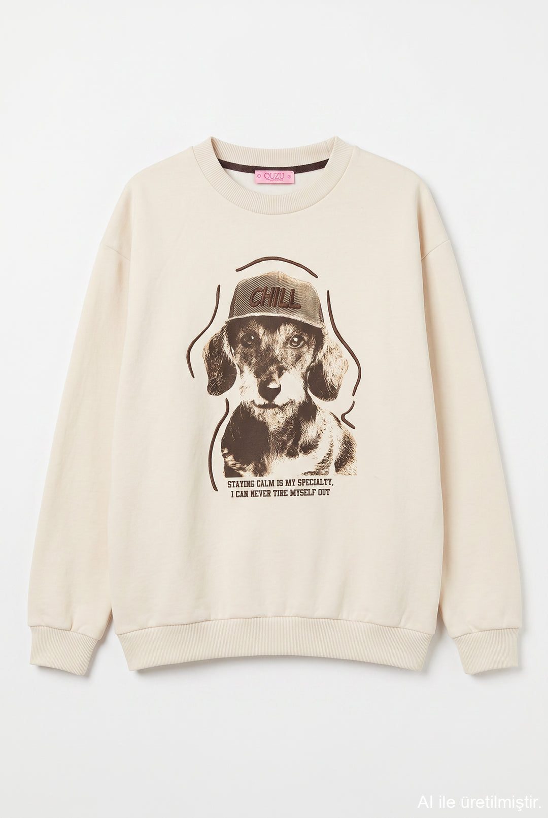 Chill Köpek Baskılı Oversize Sweatshirt Bej