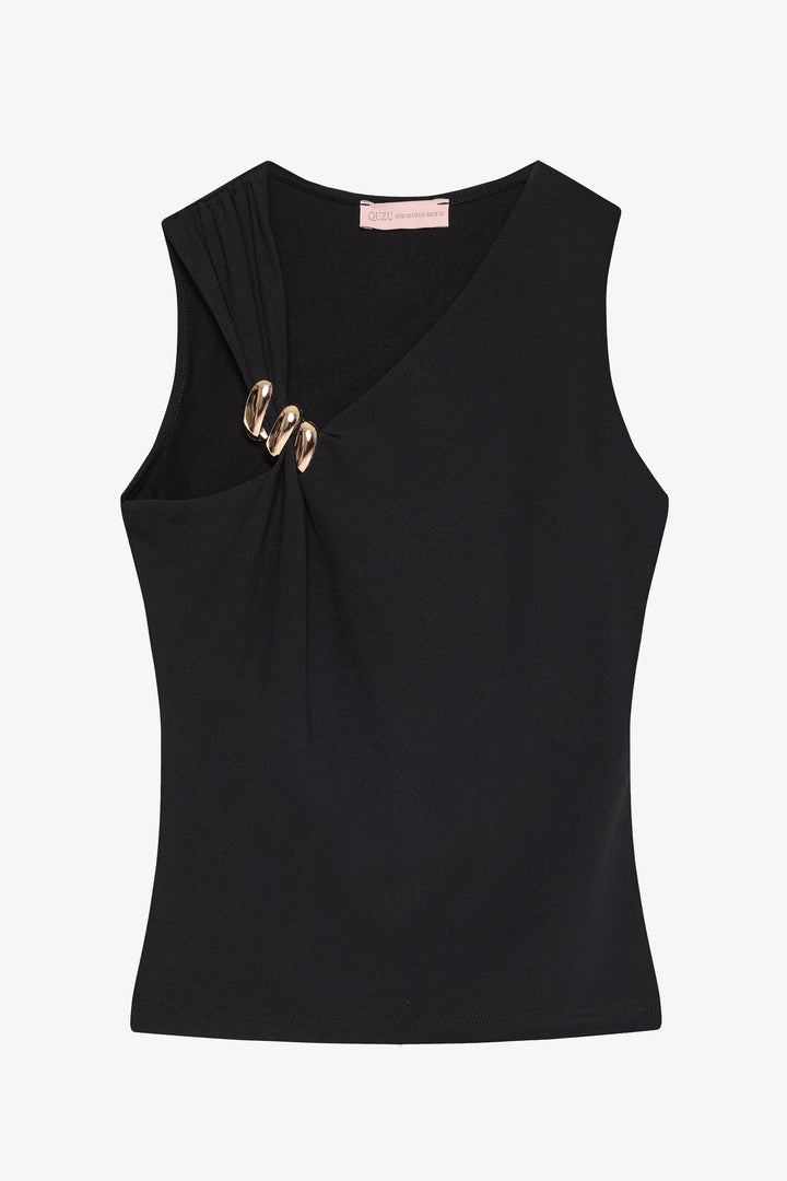 Asimetrik Yaka Metal Aksesuarlı Bluz Siyah