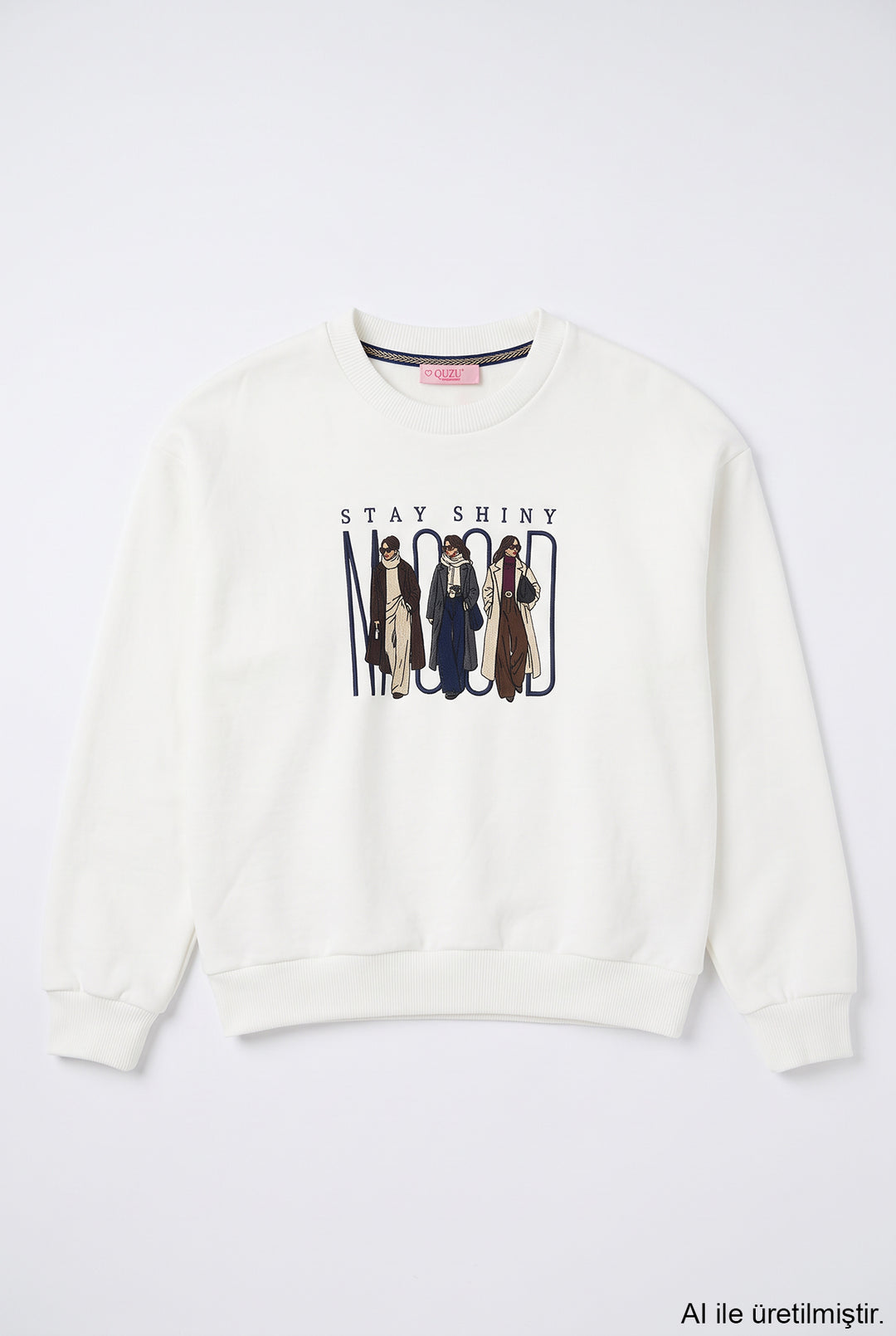 Kadın Figürlü Bisiklet Yaka Sweatshirt Ekru