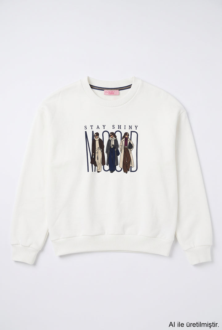 Kadın Figürlü Bisiklet Yaka Sweatshirt Ekru