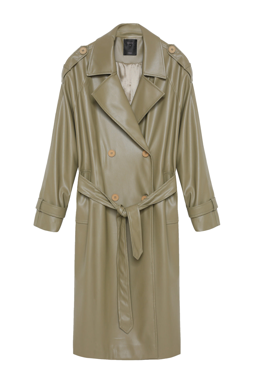 Tie Detailed Leather Trench Coat Khaki