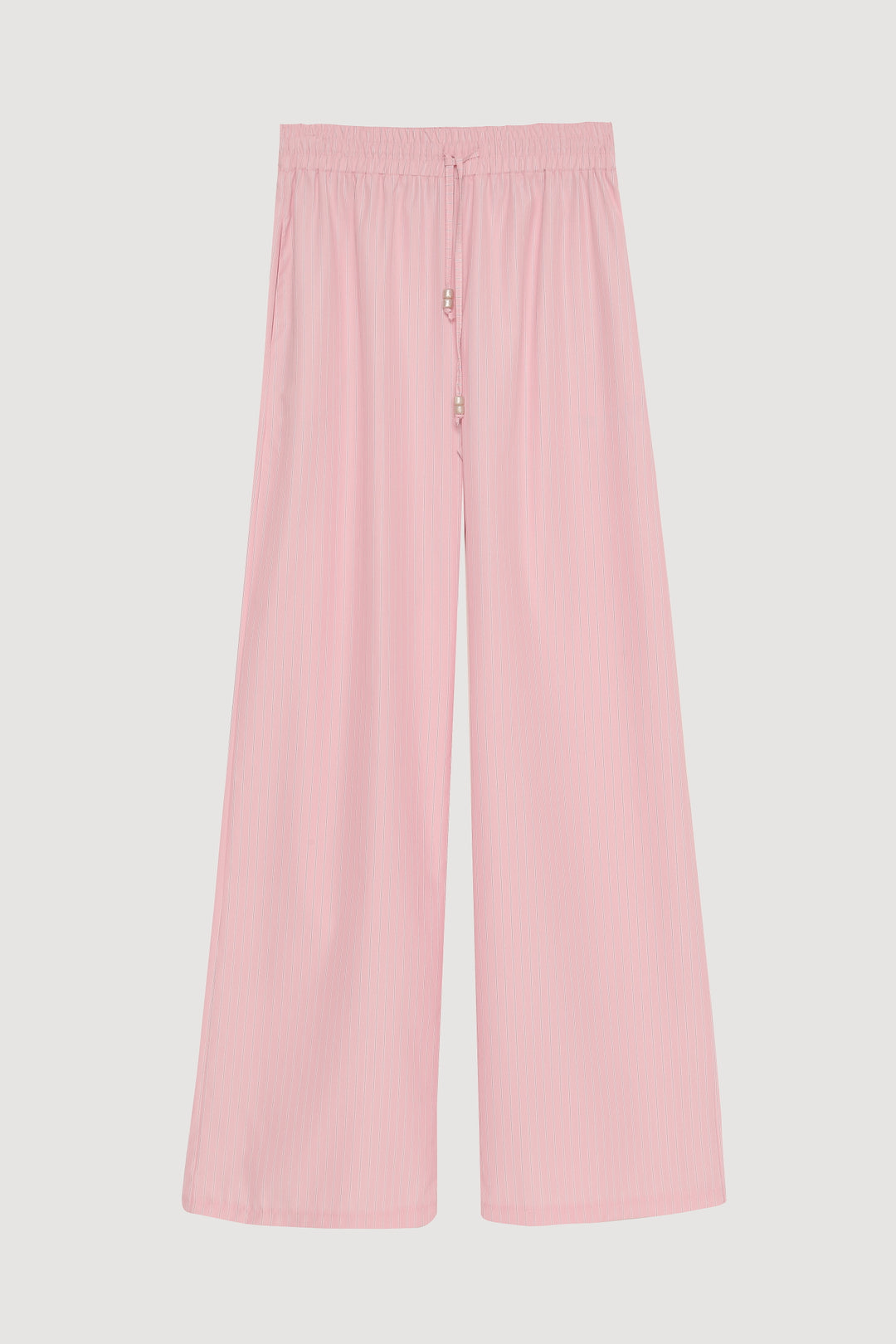 Beli Lastikli İnce Çizgili Geniş Paça Pantolon Pembe