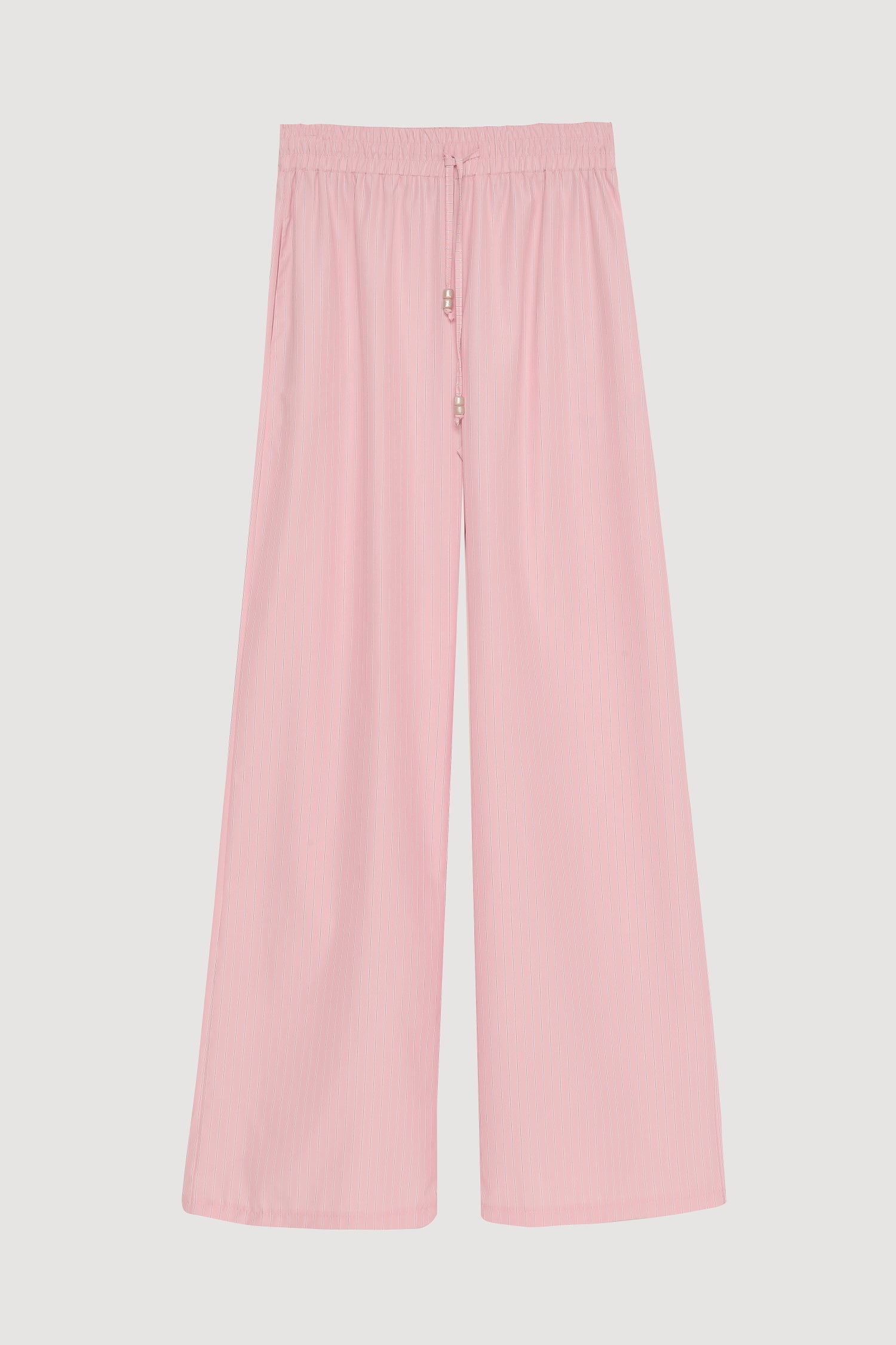 Beli Lastikli İnce Çizgili Geniş Paça Pantolon Pembe