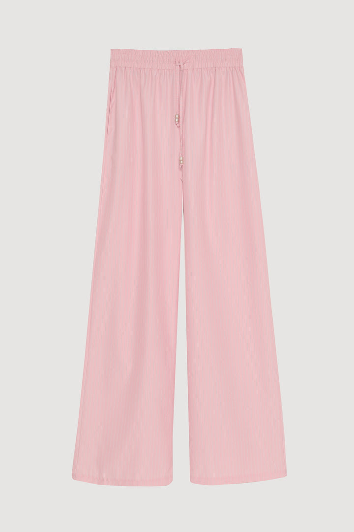Beli Lastikli İnce Çizgili Geniş Paça Pantolon Pembe