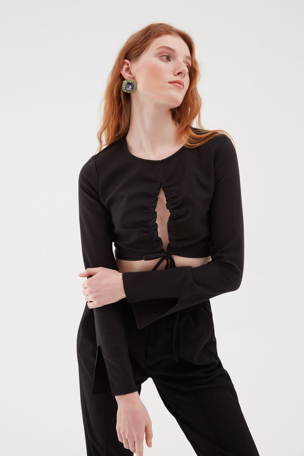 Pleated Crop Blouse Black