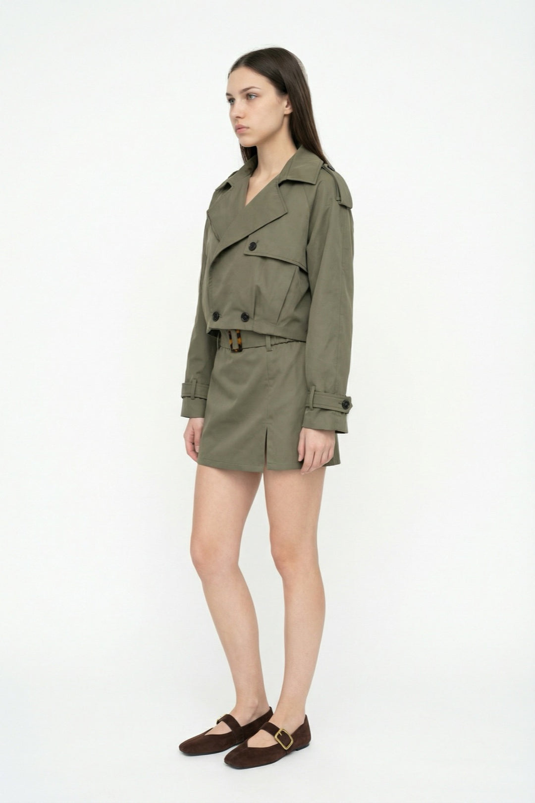 Apoletli Kruvaze Yaka Kısa Trençkot Haki