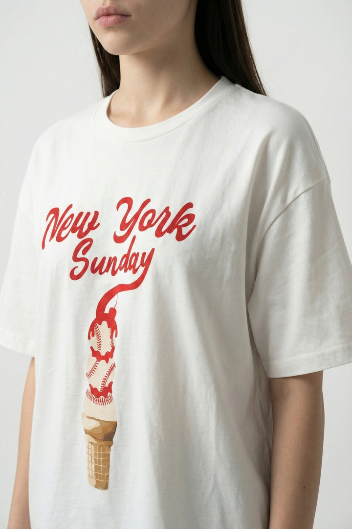 Dondurma Baskılı Oversize Tişört Ekru