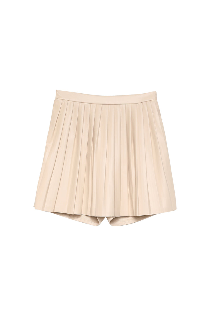 Pleated Leather Short Skirt Stone