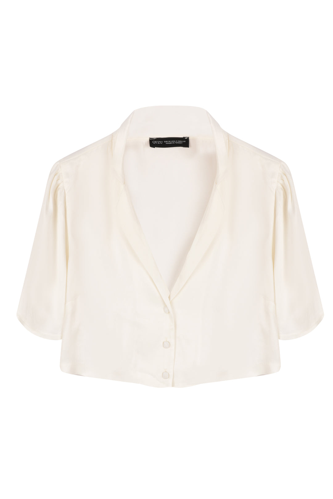 Button Detailed Crop Satin Shirt Ecru