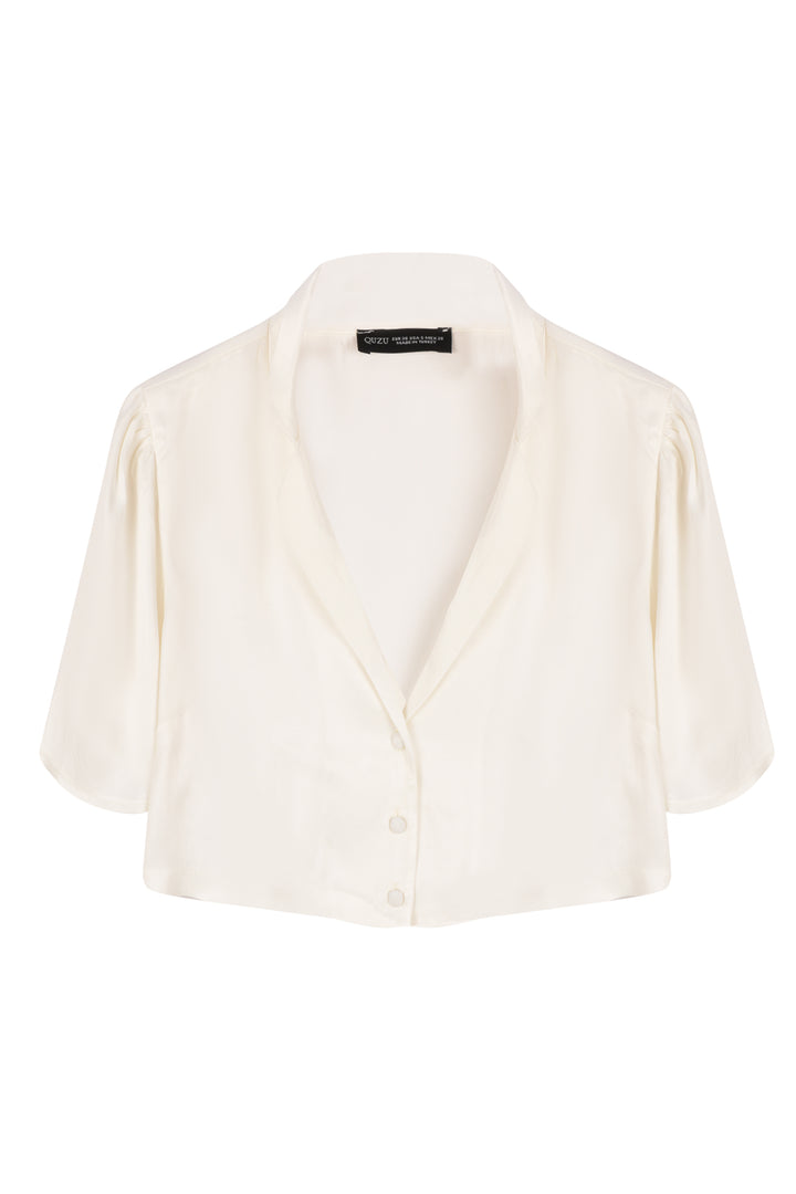 Button Detailed Crop Satin Shirt Ecru